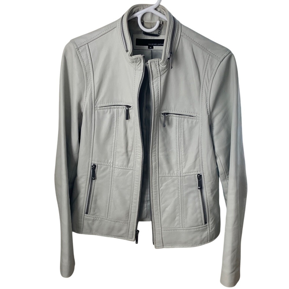 Wilsons Leather Womens M Light Grey Genuine Leather Moto Zip Jacket Stand Collar